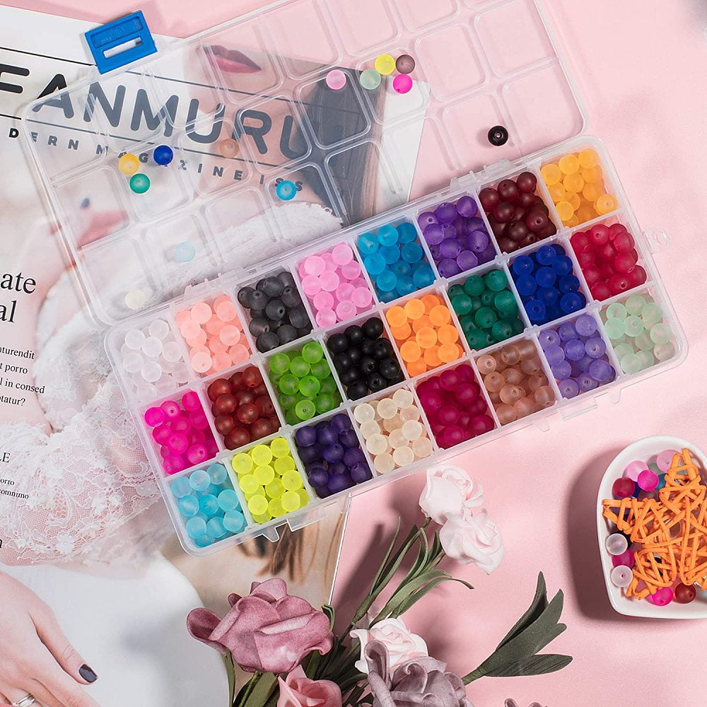 1Box 1 Box (about 480pcs) 24 Color 8mm Frosted Transparent Round Glass Beads Assortment Kits For Jewelry Making Hole: 1.3-1.6mm