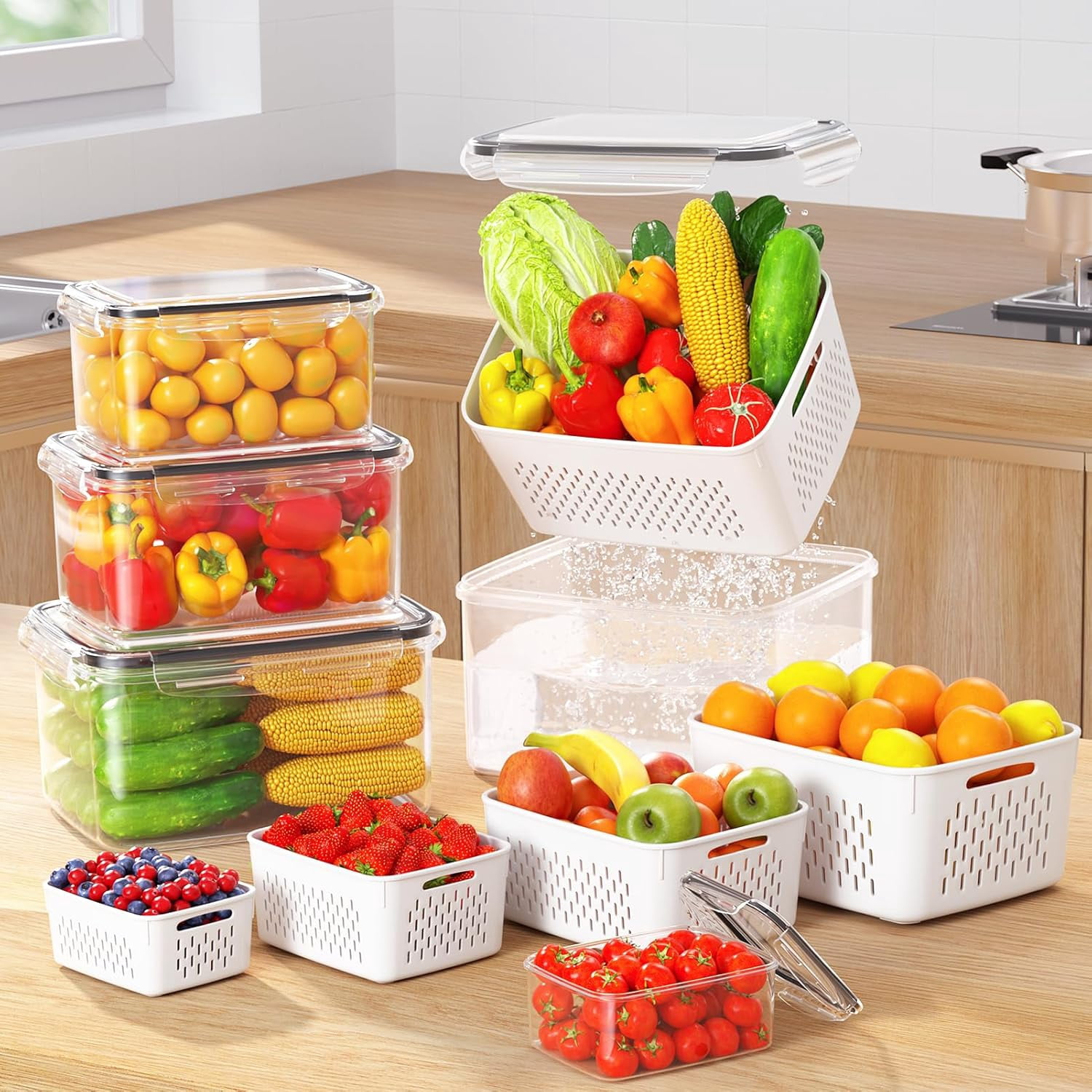 4/8 PCSFood Storage Containers For Fridge With Removable Colander, Leak Proof Refrigerator Organizers for Vegetable Produce, Keep Berry Fruits Food Fresh Longer