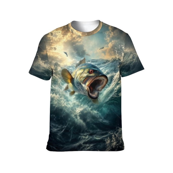 LAOLIUSN Men's Fishing Graphic T-Shirt, Bass Fish Water Splash Tee, Outdoor Short Sleeve Fishing Shirt, S-4XL
