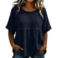 thumbnail image 2 of QUNYINEY Crew Neck T Shirts for Women Cotton Linen Short Sleeve Summer Tops Pleated Pullover Casual Loose Fit Solid Shirts, 2 of 6
