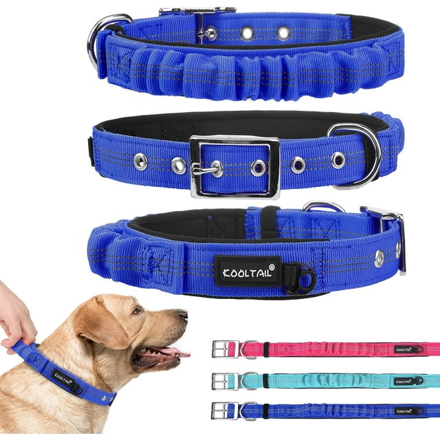 Collier pour Chien Robuste avec Poignée pour Grands Chiens, Collier en Nylon Balistique pour Contrôle de L'Entraînement, Collier Épais Rembourré Réfléchissant avec Boucle en Métal Réglable pour la Marche, Bleu G