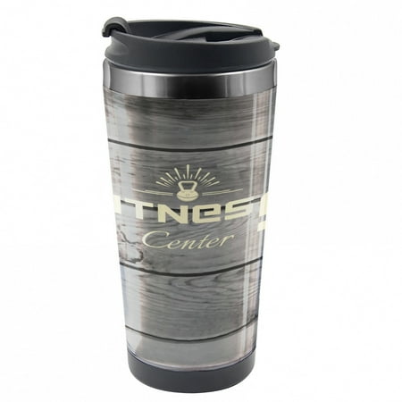 

Fitness Travel Mug Club Wood Planks Steel Thermal Cup 16 oz by Ambesonne