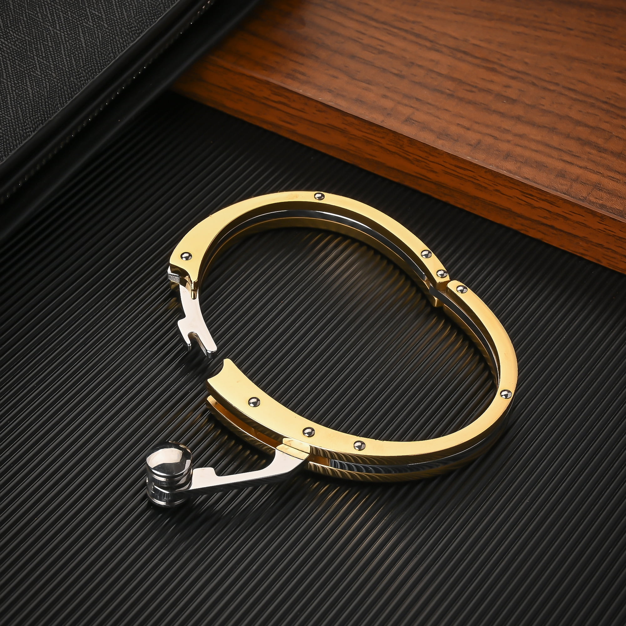 My Daily Styles Men’s Stainless Steel Handcuff Bracelet – Two-Tone Or Solid Color, Durable Cable Link, Adjustable Fit 8"-9" Wrist, Modern Fashion Jewelry for Men (Steel-Gold)