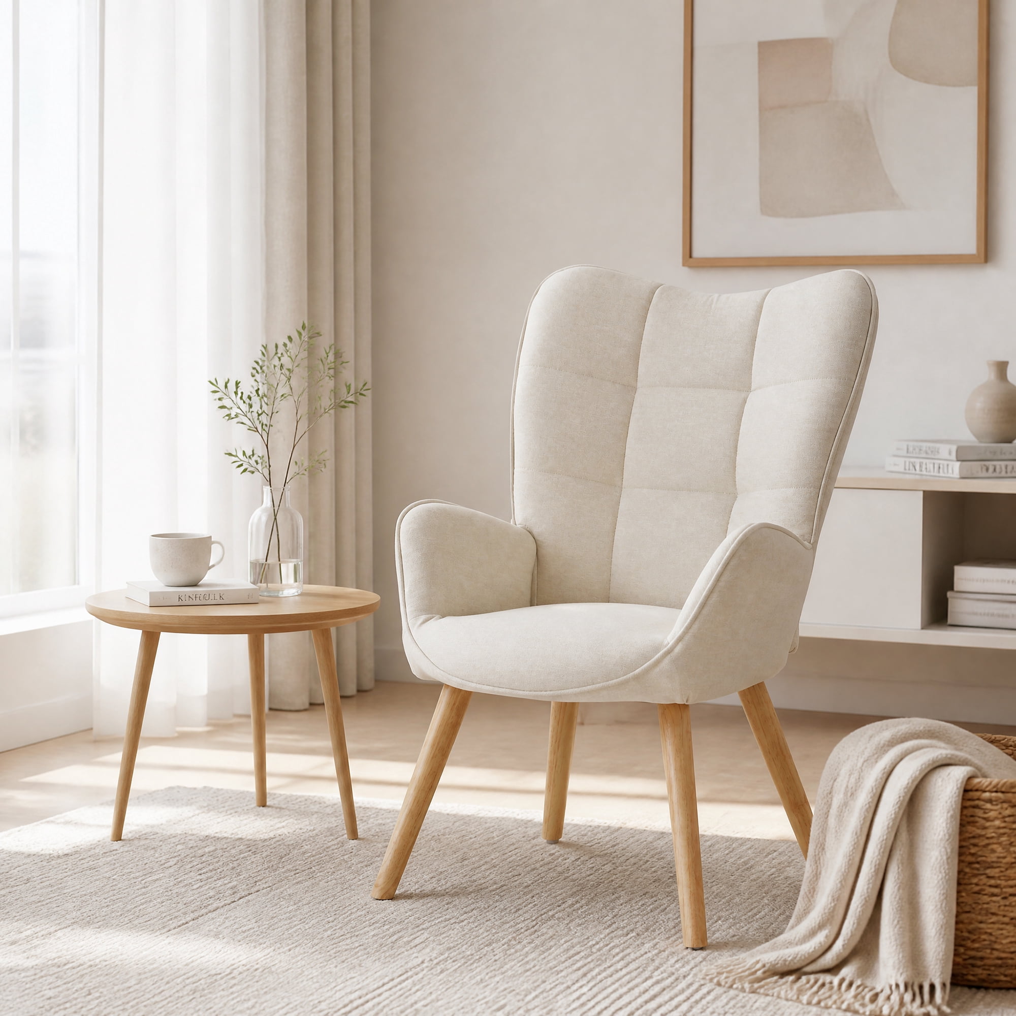 Homy Casa Beige Accent Chair, Upholstered Wingback Armchair with Wood Legs for Living Room