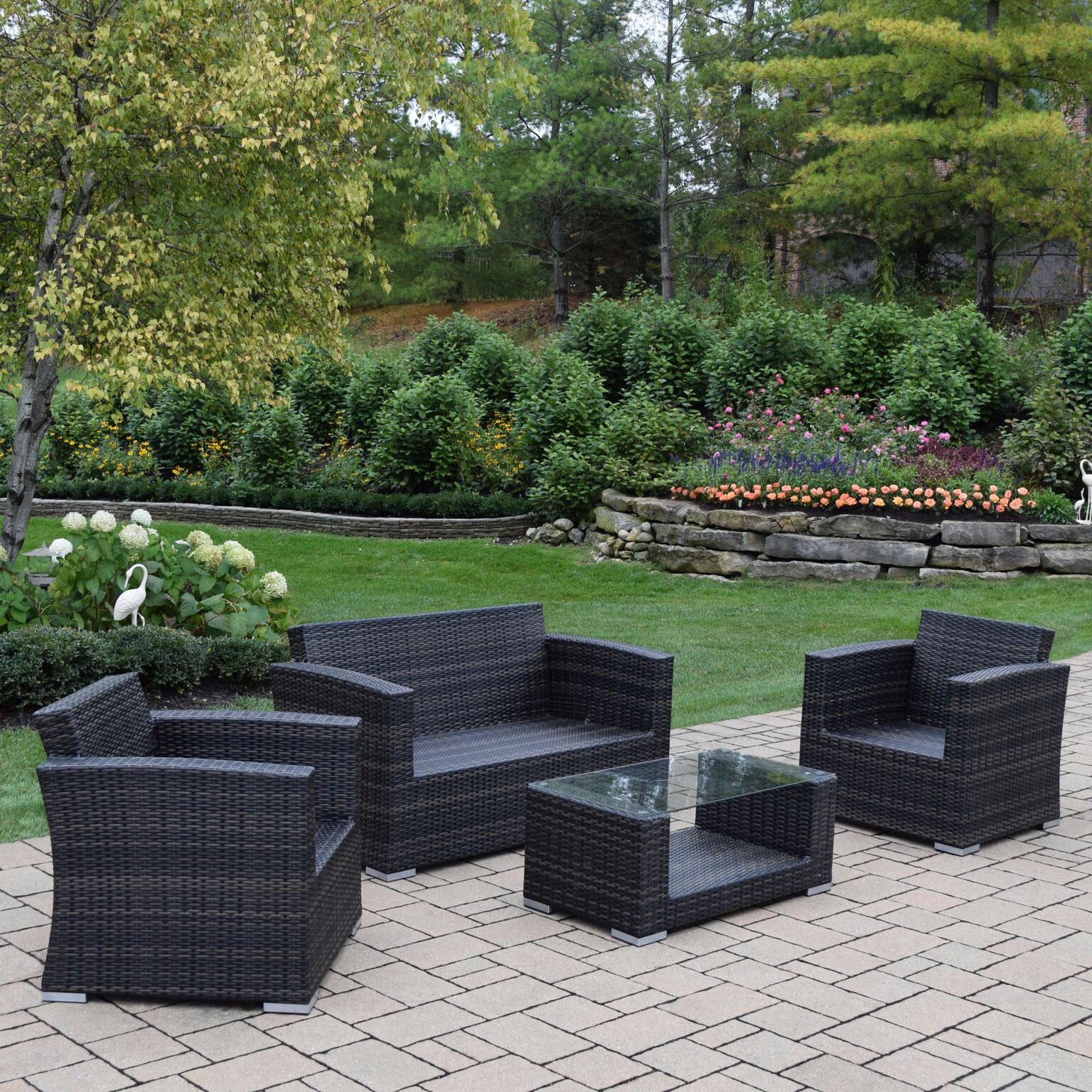 Outdoor Living and Style 4-Piece Black Resin Wicker Chat Set - Gray Cushions - image 2 of 3