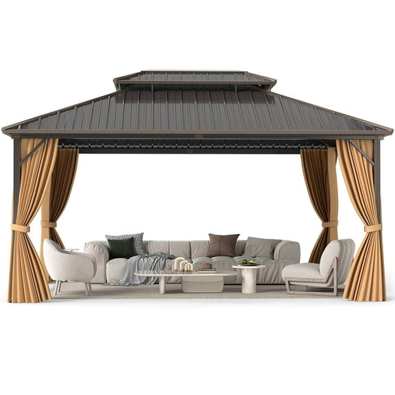Costway 16 x 12 FT Hardtop Gazebo Aluminum Frame Permanent Pavilion with Curtains & Netting