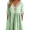 thumbnail image 3 of DYMADE Women Basic Plain V-Neck Lace Collar Summer Cotton Linen Midi Dress, 3 of 4