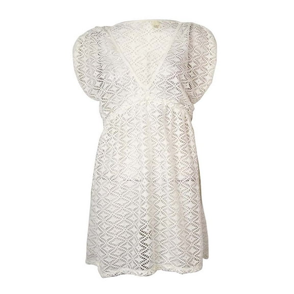 Miken Women's V-Neck Crochet Dress Swimsuit Cover (L, White)