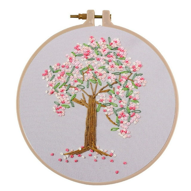 Injueey Juego de bordado con patrón de plantas y flores para manualidades, herramientas de costura, tela de bordado impresa, Kit de bordado redondo, Kit Decoración cerezo 3 Injueey HA7381-03B