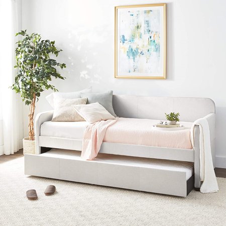 Twin Size Daybed with Trundle  Modern Fabric Upholstered Daybed Frame with 14 Slat Support Dual-use Solid Wood Platform Bed Frame Sofa Bed with Square Arms for Bedroom Living Room  Beige