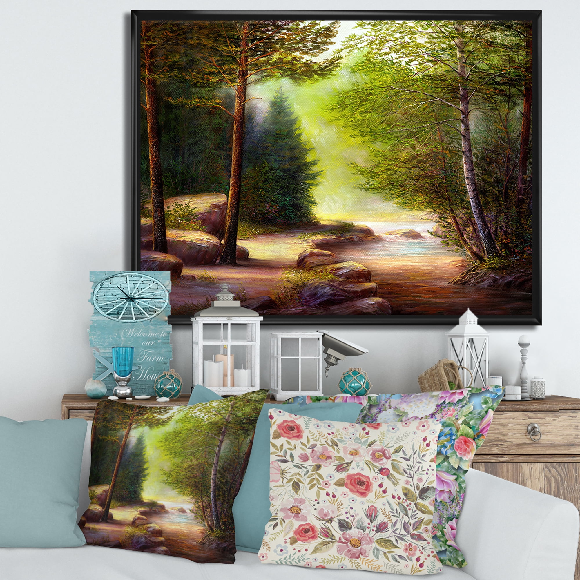 Designart 'Sunrise Glow Through The Spring Trees' Lake House Framed Canvas Wall Art Print