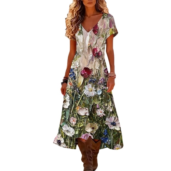 Women's Summer V Neck Short Sleeve Vintage Floral Print Dress Loose Fit Flowy A Line Beach Dress for Beach Vacations and Casual Daily Wear