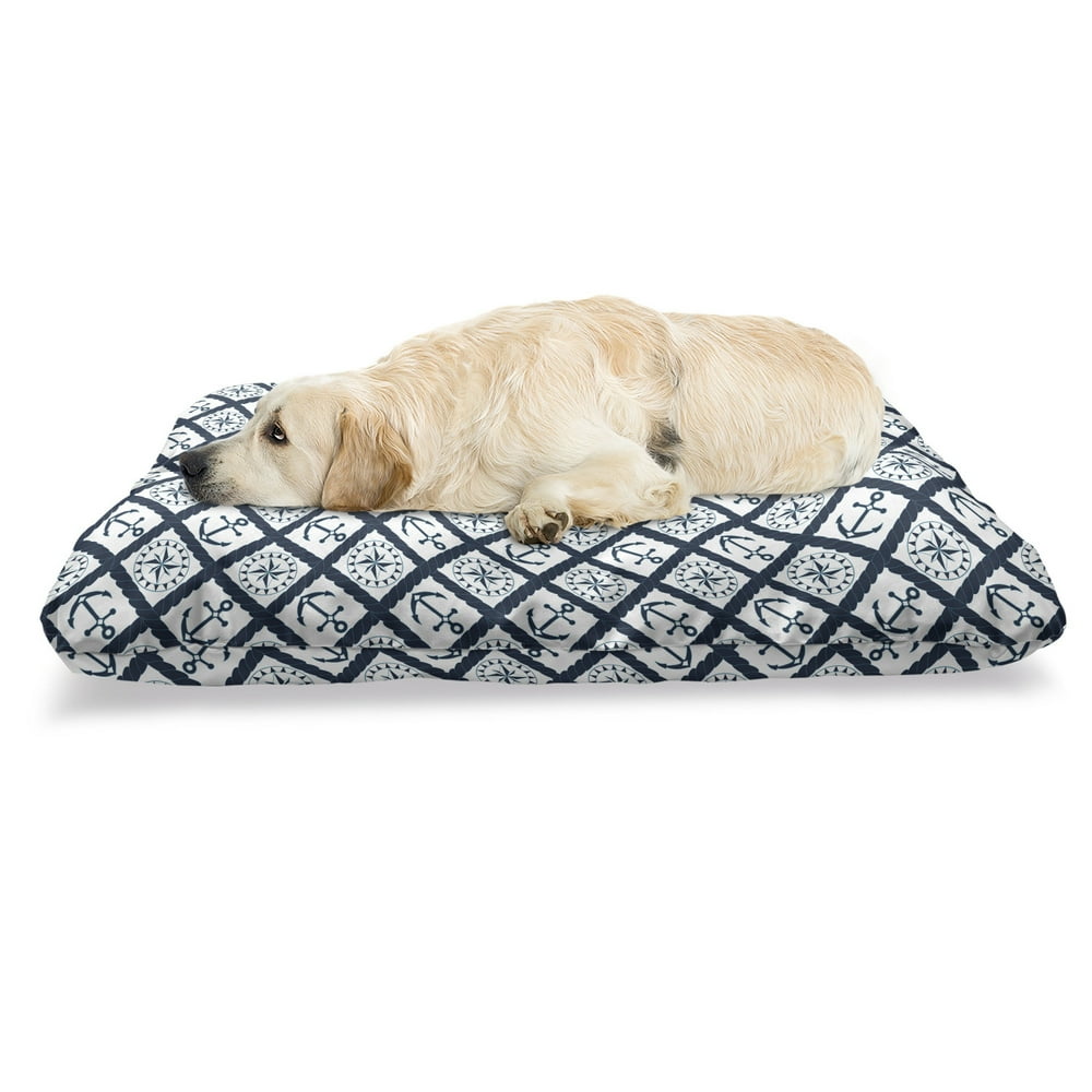 Navy Pet Bed, Nautical Pattern with Anchor and Windrose in Rope Stripes