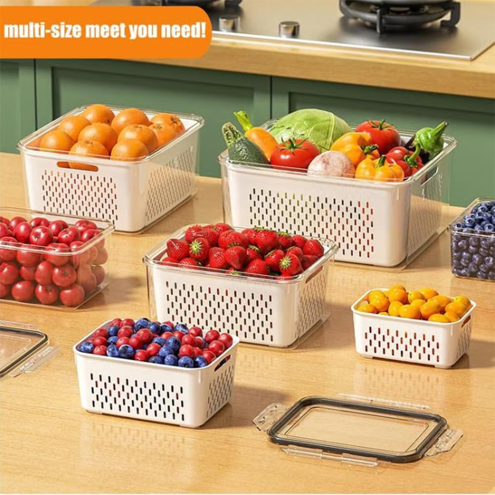 4 in 1 Food Storage Container,Fruit Storage Containers for Fridge,Produce Storage Containers with Lid and Strainer,Including Drain Basket,Multipurpose Large Fruit Containers for Fridge.