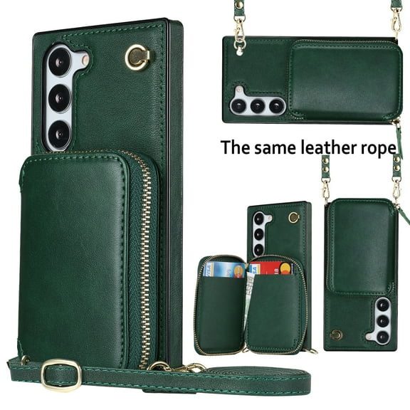 Crossbody Wallet Case for Samsung S23 Plus,RFID Blocking PU Leather Zipper Handbag Purse Flip Cover, Kickstand Case with Card Slots Holder Wrist Strap Lanyard for Samsung Galaxy S23 Plus,Darkgreen