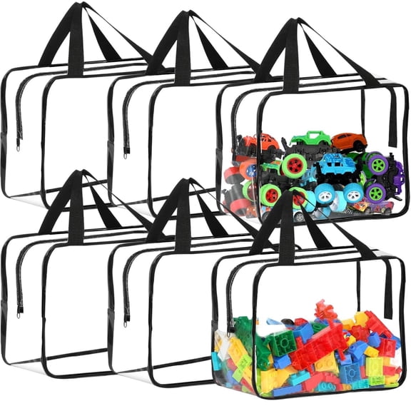 Toy Storage Bags 6 Pcs Clear PVC ,Large Size with Zipper, Waterproof & Dustproof, Reusable - for Building Blocks, Puzzles, Board Games, Books Storage Bags