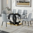 thumbnail image 3 of LUFTUT 7-Piece Glass Dining Table Set for 6, 63" Modern Rectangular Kitchen Table with Black OC-Shape Base & Gold Trim, Contemporary Dinner Set with 6 Light Grey PU Chairs, 3 of 7
