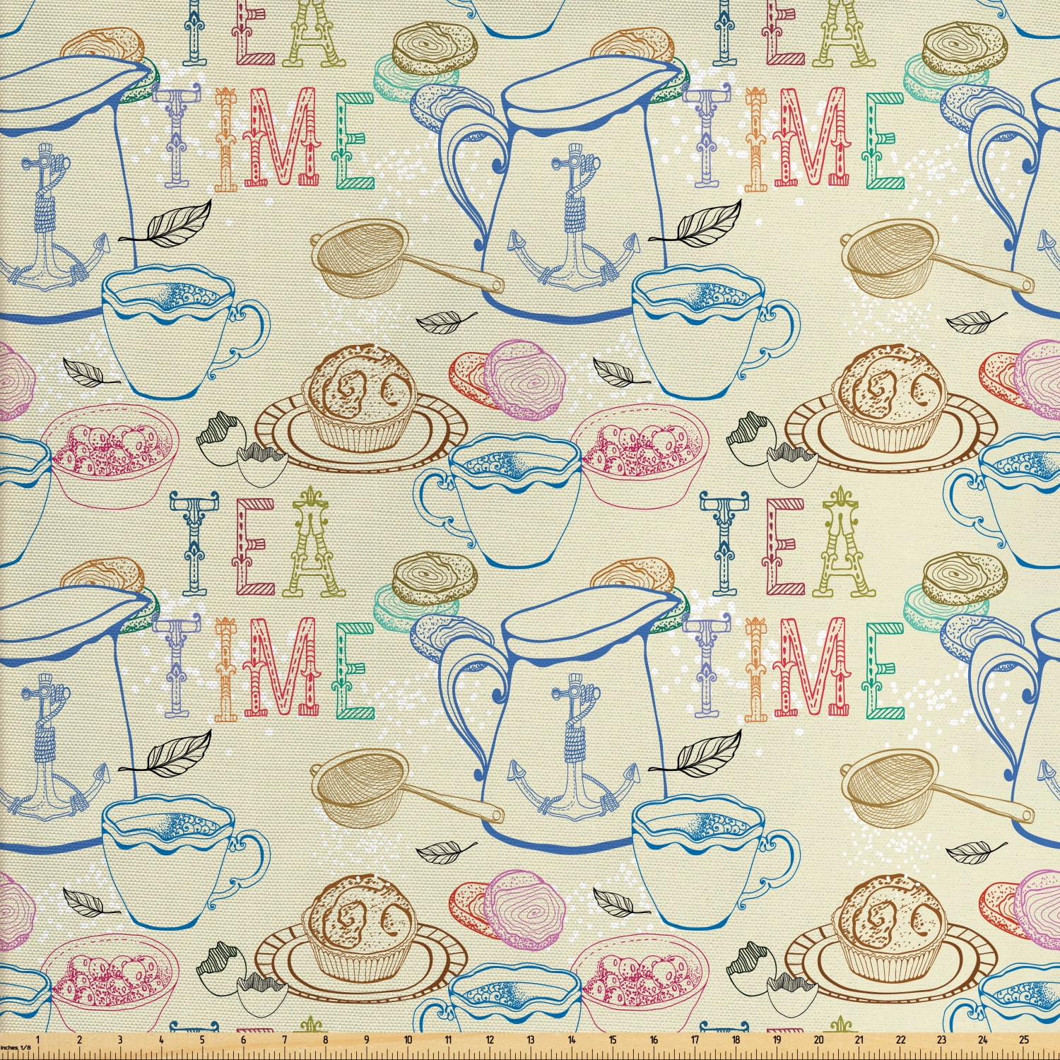 Tea Party Fabric by The Yard, Pale Colored Tea Time Themed Image with