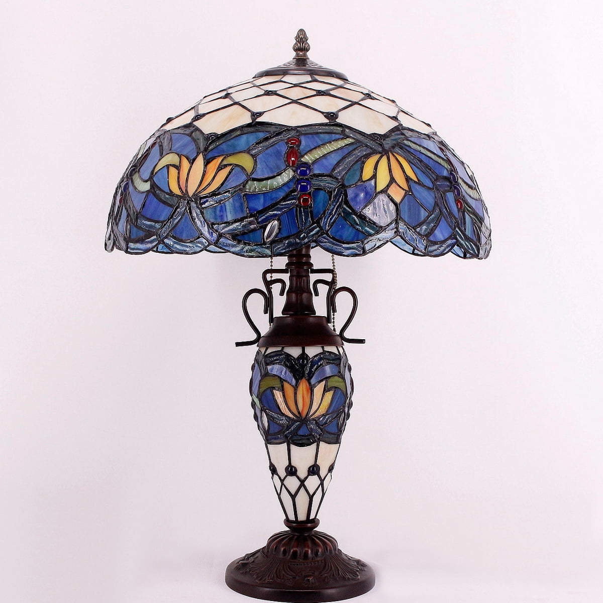 Tiffany Lamp with Nightlight Rustic Large Blue Stained Glass Lotus Table Lamp Desk 24" Tall Vintage Base Lover Living Room Bedroom Bedside Nightstand Home Office Family  Led Bulb Included