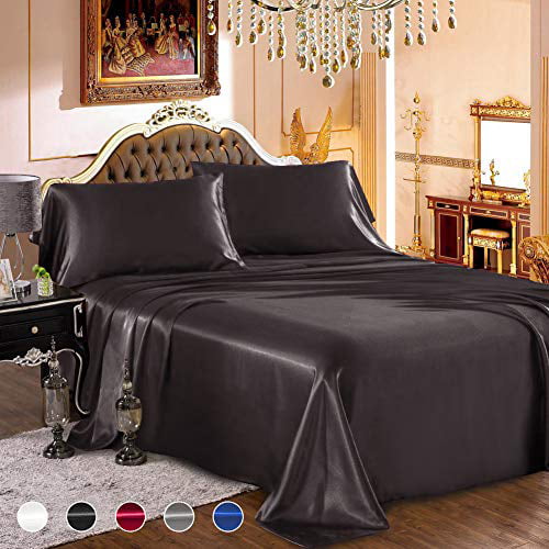 Luxbedding Satin Bed Sheets Full Soft Silk Bed Sheets Taupe Silk Sheet with 1 Deep Pocket Fitted Sheet & 1 Flat Sheet & 2 Silky Satin Pillowcases