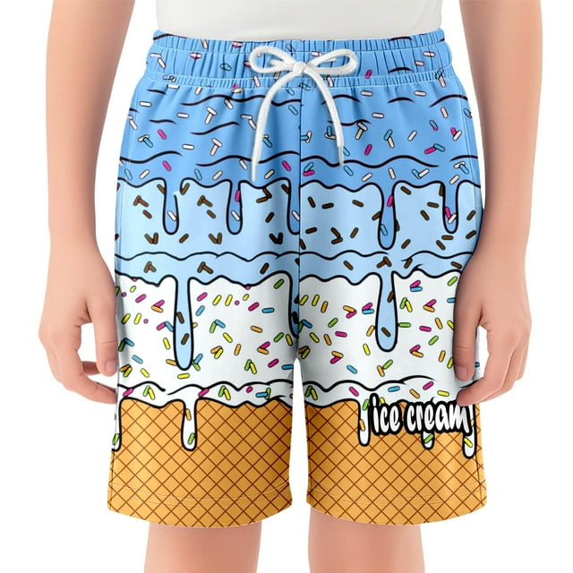 Boy's Ice Cream Patchwork Drawstring Waist Printed Summer Boho Track Shorts 2-14Years,Sky Blue,140