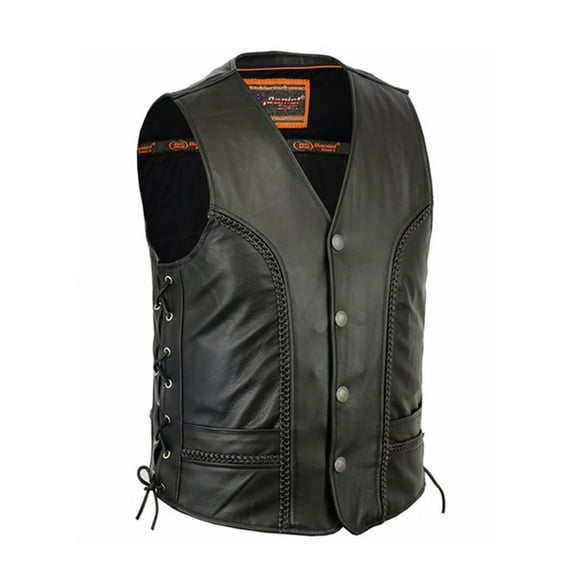 Daniel Smart S to 6XL Men’s leather vest Naked Cowhide Motorcycle Leather Vest with Braid Detailing, laced Up Sides