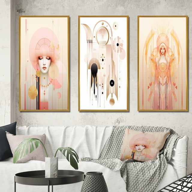 Designart "Pastel Pink Boho Chic Fashionista" Modern Geometric Framed Wall Art Set Of 3 - Pink Abstract Frame Gallery Wall Set For Home Decor
