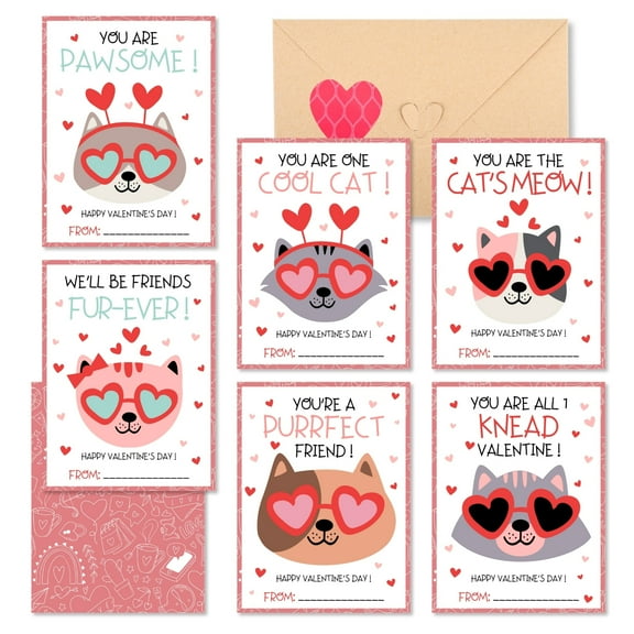 Cat Valentines Cards Kids Classroom - 48 Pack Funny Valentines Day Class Exchange Greeting Cards with Envelopes & Heart Stickers