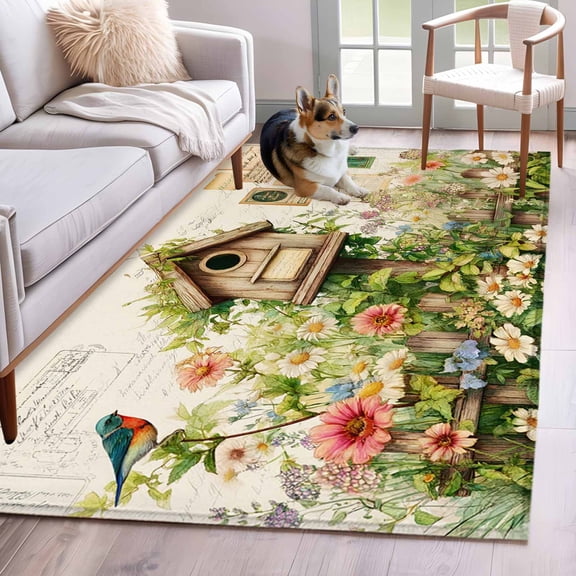 3'x5' Area Rugs, Spring Floral Indoor Outdoor Area Rug for Living Room Bedroom, Birds Cabin Daisy Watercolor Botanical Farmhouse Washable Bathroom Rugs Kitchen Floor Carpet Mats Home Decor Aesthetic
