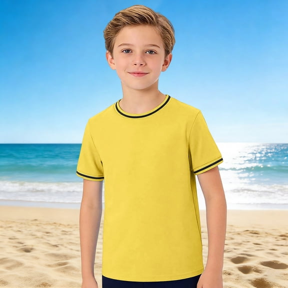 Summer Boys Striped‑Trim Short‑Sleeve Tee, Breathable Casual T‑Shirt For Beach & Outdoor Play