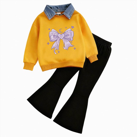 Caqnni 6-7 Years Fall Winter Baby Girl Clothes 2 Piece Set Cute Print Rufle Shirt Top and Pants Outfit for Baby Kids Toddler Girls Adorable Outfits A249-Light Purple
