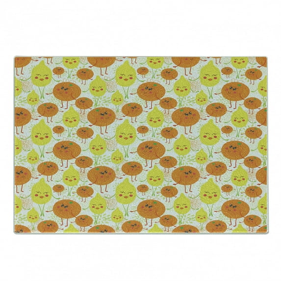 Tangerine Cutting Board, Childish Pattern of Cheerful Lemon and Orange Floral Backdrop, Decorative Tempered Glass Cutting and Serving Board, in 3 Sizes, by Ambesonne