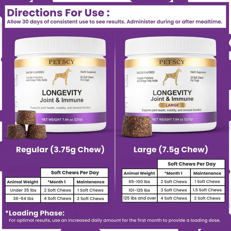 Petscy Longevity Hip and Joint, Immune Support for Dogs – Large (7.5g Chew) – High Dose Glucosamine, MSM, Chondroitin, Green Lipped Mussel, Omega 3, Probiotics – 30 Chews (Large Dogs) – 3 Pack