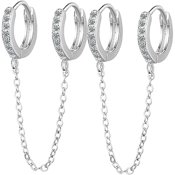 1-Pair Double Piercing Chain Earrings ā Zircon Accent Long Hoop Earrings, Crafted Comfortable Jewelry for Daily Wear & Unique Occasion Gifts Z