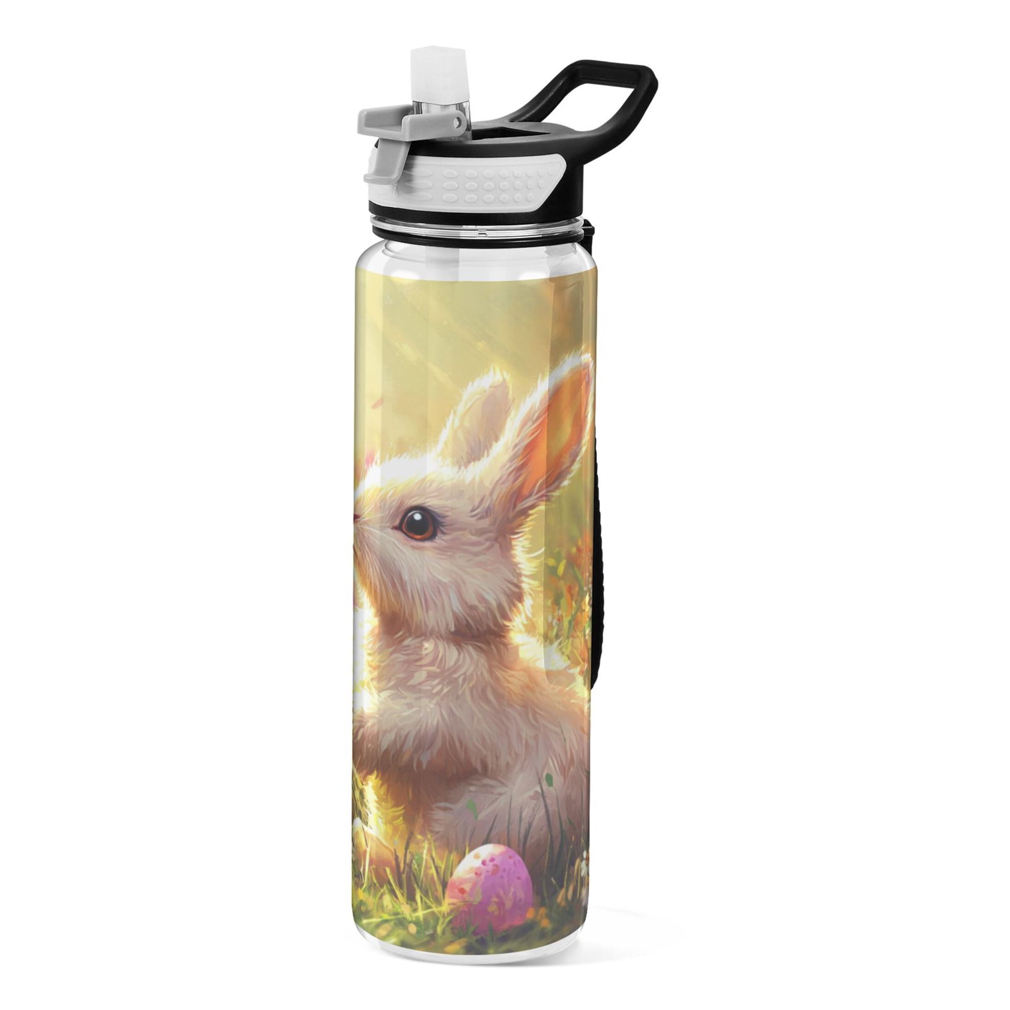 32oz Transparent Sports Water Bottle with Straw for Kids Adults Outdoor School Gym Fitness Fluffy Bunny