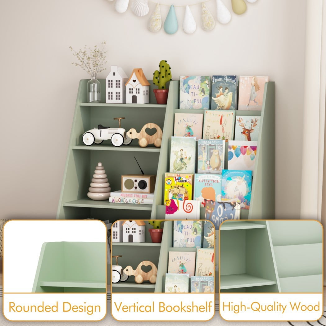 4-Tier Kids Bookshelf and Toy Storage Organizer, Wooden Children's Bookcase with Multi-Level Shelves & Toy Bin, Book Display Stand for Kids Room, Playroom & Nursery, Sage