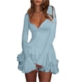 thumbnail image 2 of Vestidos de Invitada de Boda de Larga para Mujer, Sexy, con Escote en V Profundo, Vuelo y Volantes Azul M, 2 of 7