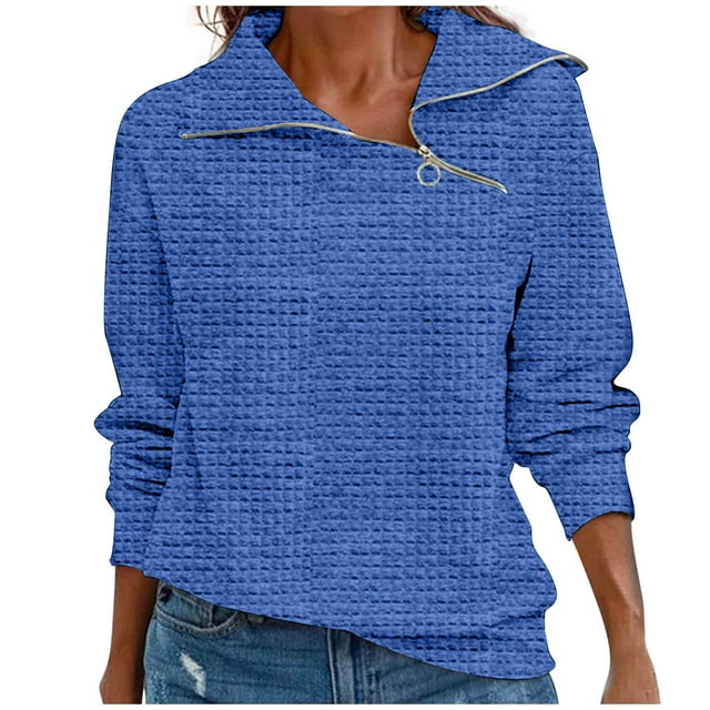 Besolor Pull Rétro Décontracté à Col Zippé pour Femmes, Pull à Carreaux Couleur Unie, Blouse Ample Décontractée Grande Taille Tendance