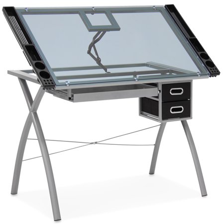 - Best Choice Products Modern Adjustable Drafting Table w/ Drawers, Glass Top, and Removable Side Trays - Silver