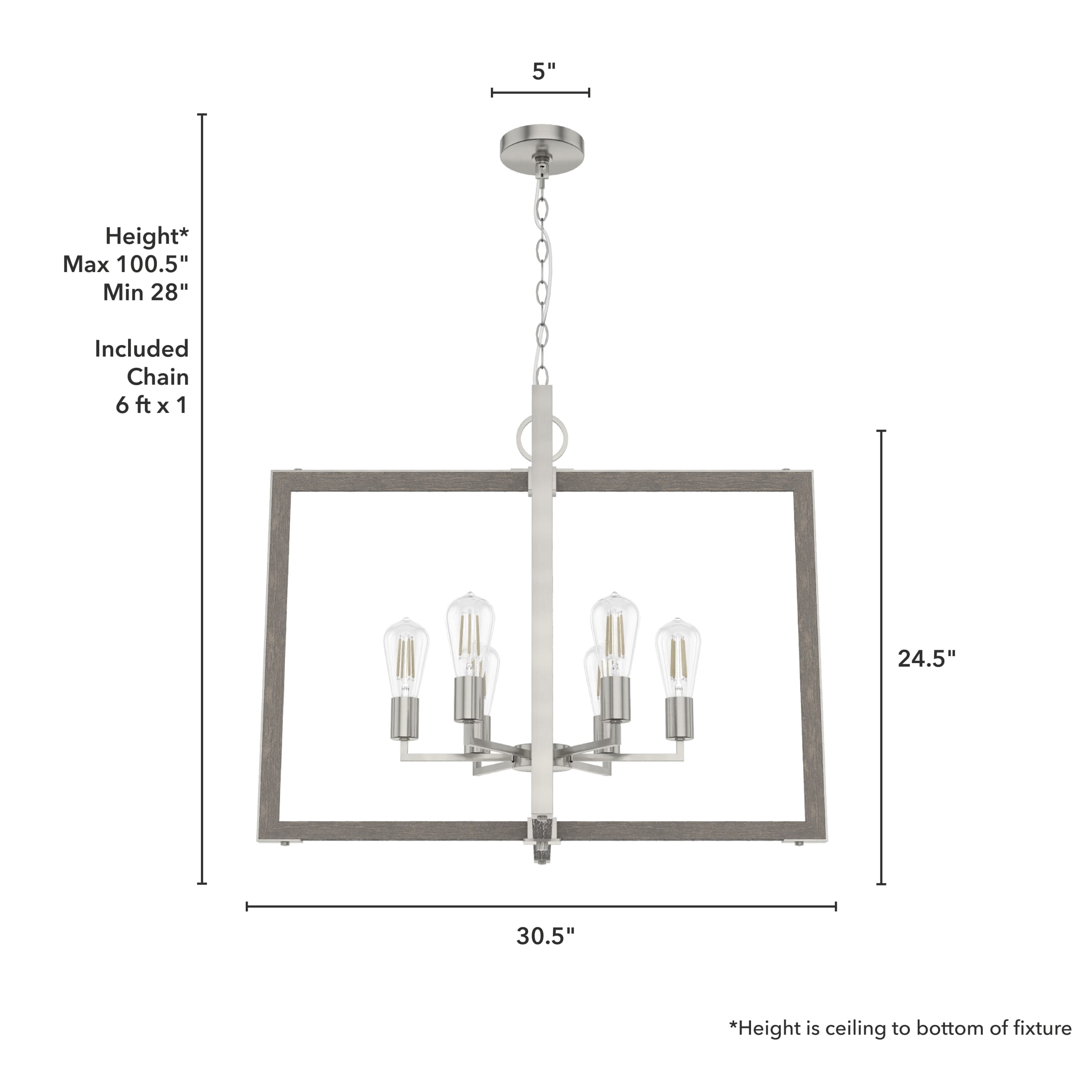 Hunter - Woodburn 6-light Brushed Nickel, Extra Large Pendant Light, Dimmable, Modern Style, Rectangle Shaped, for Bedrooms, Dining, Living Rooms - 19809