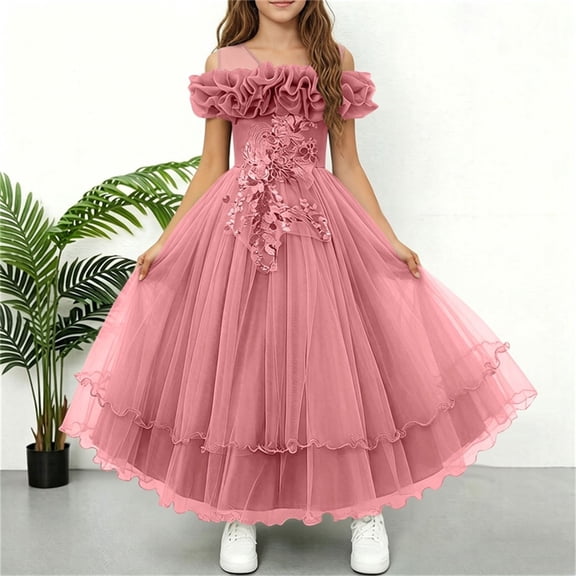 ITSAME Girls Formal Dress Sequin Embroidery Tiered Ruffle Puffy Tulle Wedding Birthday Pageant Gown Pink Size 7-8