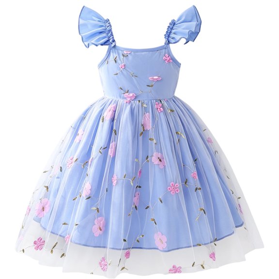 IPIO Girls’ Blue Floral Embroidered Tulle Party Dress with Ruffle Sleeves