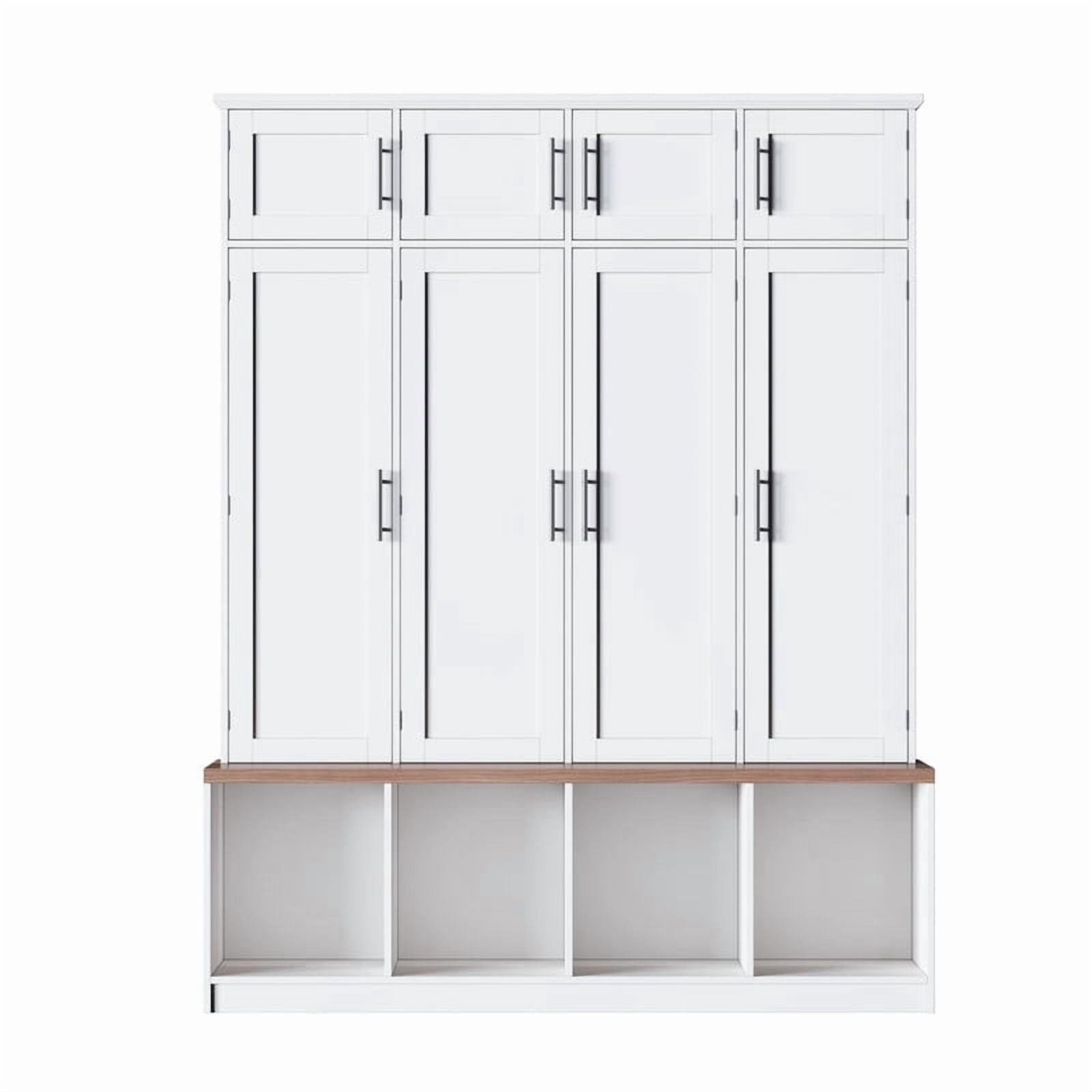 Farmhouse Hall Tree with 4 Hidden Hanging Hooks, Versatile Seating Bench with Open Compartment, Entryway Coat Rack with 8 Doors for Living Room