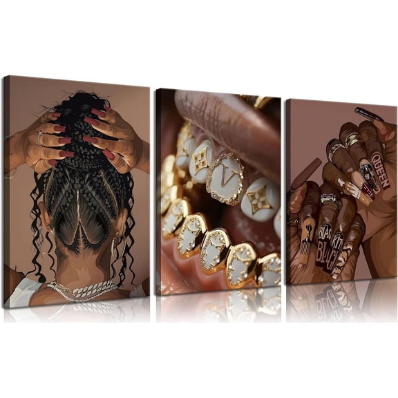 Trendy Black Woman Canvas Wall Art Fashion Black Girl Posters Prints African American Woman Wall Decor Pictures for Home Living Room Bedroom Bathroom Decoration （Only canvas）