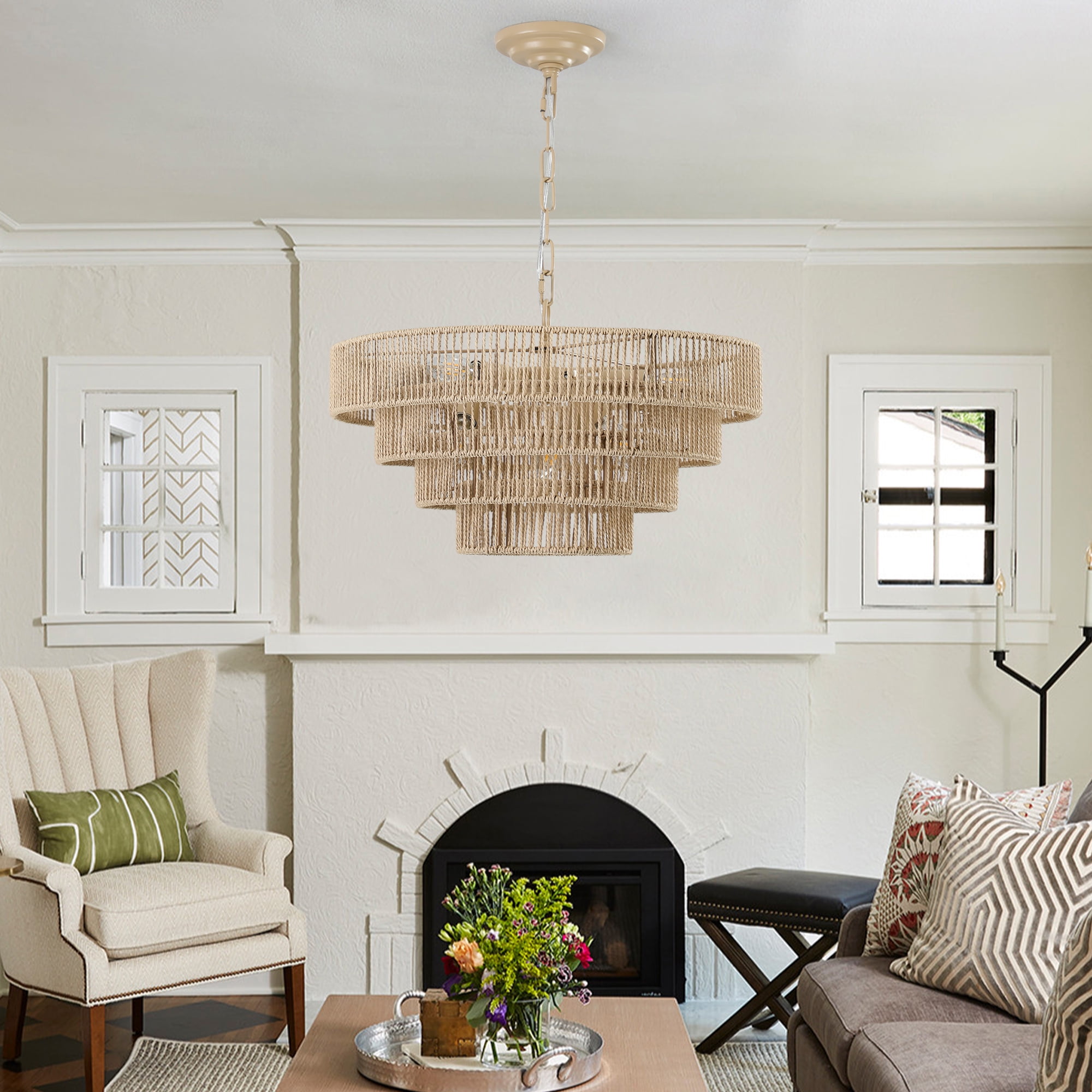 Jopath Modern 4-Layer Woven Hemp Rope Chandelier, 20" Boho Style Pendant Light, Elegant Hanging Light Fixture for Living Room, Dining Room, Bedroom (No Bulbs)