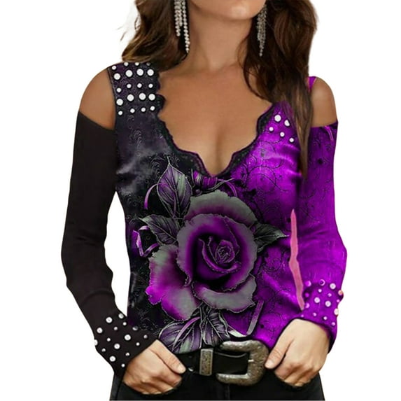 Women Cold Sleeve Shoulder Tops Blouses Sexy V-Neck T-Shirt Rhinestone Blouses Clubwear Casual Fashion Rose Pattern Clothing