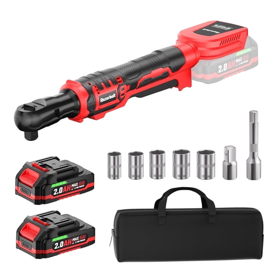 21V Cordless Ratchet Wrench 3/8" Set – 88 Ft-lbs Brushless Electric Power Ratchet with 2x 2.0Ah Batteries, 500 RPM, & LED Light (Includes 5 Sockets, 1/2" Adapter, 3" Extension)