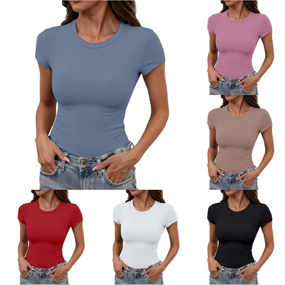 Trendfront Womens Short Sleeve T Shirts Crewneck Solid Color Slim Fit Tight Fitted Plain Base Layering Basic Tee Summer Baby Tops