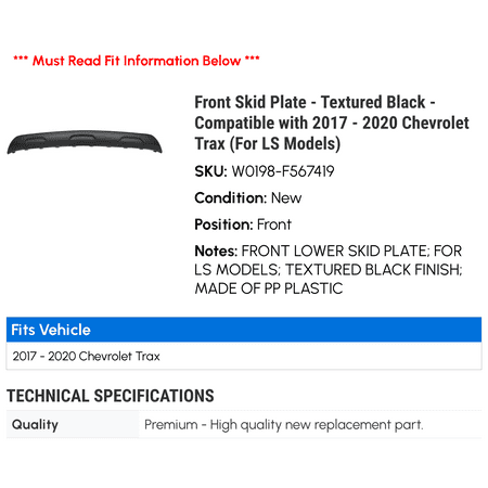 Front Skid Plate - Textured Black - Compatible with 2017 - 2020 Chevy Trax (For LS Models) 2018 2019