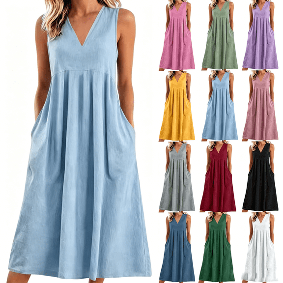 XUNKUSGA Cotton Linen Midi Dresses for Women Fashion Casual V-Neck Summer Dress Lightweight Solid Color Sleeveless Long Sundresse with Pockets,Blue,S